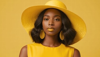Portrait of a Confident Young Woman Wearing a Yellow Hat and Clothing Against a Bright Yellow Background