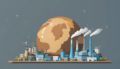 Industrial City Landscape Featuring Factories and Smoke Emitting from Chimneys with Planet Background