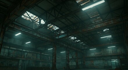 An aged industrial interior with weathered metal beams, graffiti-covered walls, and scattered lights, portraying urban decay.