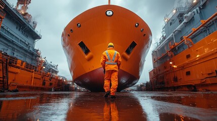 A worker dressed in bright reflective clothing walks toward a massive orange ship in a busy shipyard. Heavy machinery and an industrial atmosphere surround the area under cloudy skies.