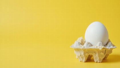 Single White Egg on Beige Carton Against Bright Yellow Background in Minimalist Style