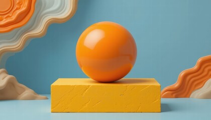 Smooth Orange Sphere on Yellow Block Against Soft Blue Background with Abstract Elements