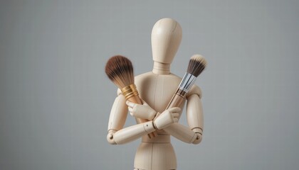 Wooden Mannequin Holding Two Artistic Paintbrushes in a Minimalistic Studio Setting