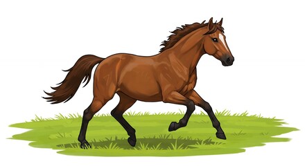Obraz premium Brown horse running on grass field illustration