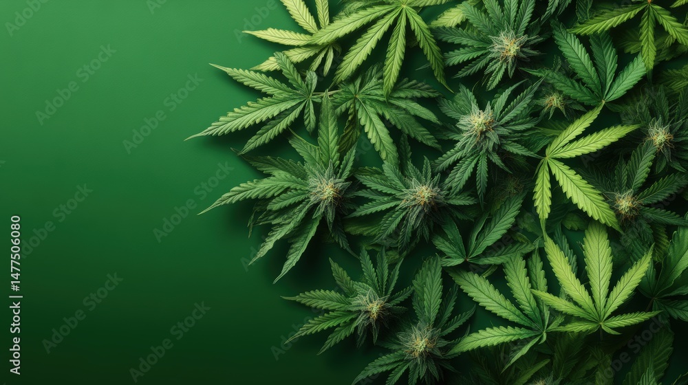 Aufkleber an array of cannabis leaves and buds are scattered across a deep green background creating a natural