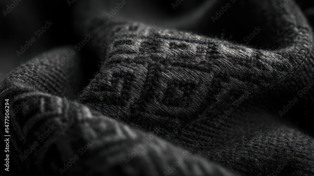 Poster textured black fabric with intricate patterns.