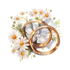 Golden wedding rings resting on delicate daisies with a touch of elegance and simplicity in a serene setting