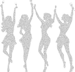 Black and white xerox effect vector silhouettes of four women celebrating with drinks party celebration girls night out female friendship dancing stippled textured halftone dotted design element