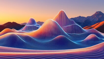 Abstract landscape of interconnected, colorful, digital mountains at sunrise.  A vibrant, 3D mesh of hills and peaks, rendered with warm and cool tones