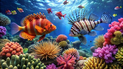 Vibrant Reef Scene Featuring Two Striking Fish Among Colorful Corals and Other Marine Life