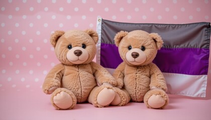 Two teddy bears with a colorful flag on a polka dot background