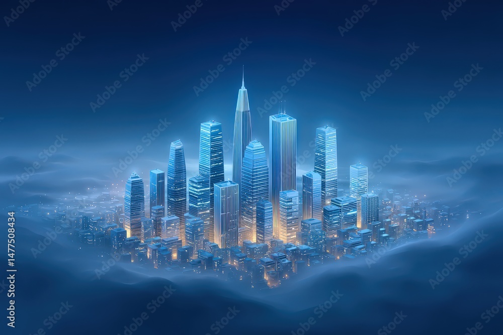 Poster aerial view of a futuristic city skyline illuminated by glowing lights against a deep blue backgroun