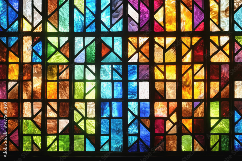 Poster stunning stained glass window depicting colorful patterns and light filtering through in an architec