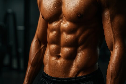 Bodybuilder showing his six pack and muscles in the gym