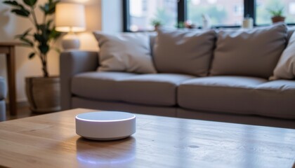 Cozy living room with smart speaker on a wooden table.