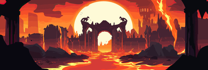 Fototapeta premium Fiery lava river flowing through ancient gothic ruined arena with demonic statues under glowing orange sunset sky in hellish volcanic landscape vector illustration