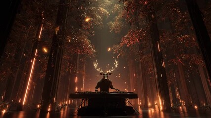 Mythical deer-headed DJ performing in a glowing enchanted forest, creating a surreal mix of music, fantasy, and nature.

 - Powered by Adobe