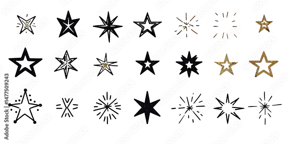 Poster set of assorted hand drawn star icons with twinkle effects glitter spark lines magic shine outline v