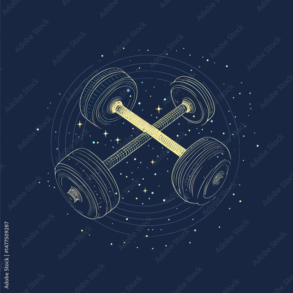 Poster wireframe style dumbbells with a starry galaxy background fitness and exercise concept with cosmic e