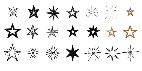 Set of assorted hand drawn star icons with twinkle effects glitter spark lines magic shine outline vector collection in minimalist style
