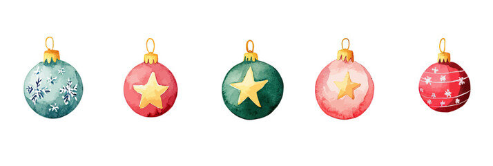 Watercolor Christmas tree ornaments set with red and green balls decorated with yellow stars and white snowflakes in flat minimalist vector style isolated on white background