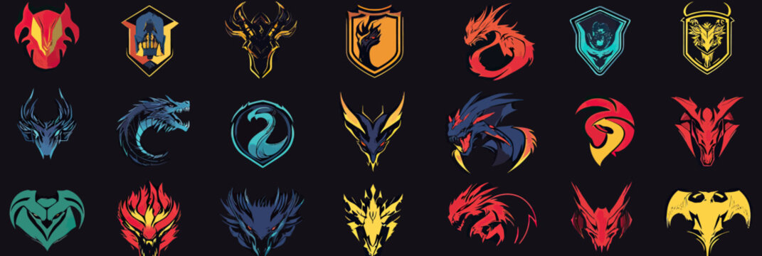 Set of minimalist flat vector esports logos and mascots featuring stylized dragons, phoenixes, shield emblems, fantasy creatures, and fierce bird heads for gaming teams and gamers
