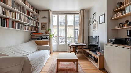 15. A bright and airy studio apartment with open shelving, neutral decor, and a cozy seating area