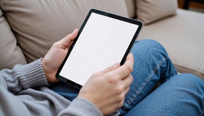 Person holding a tablet on a couch, with a blank screen.