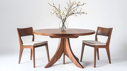 13. A minimalist dining setup with a round wooden table, sleek chairs, and a vase with fresh flowers as the centerpiece