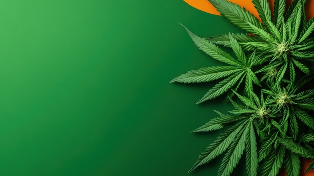Lush green cannabis plants with vibrant leaves are arranged on a backdrop of complementary colors.