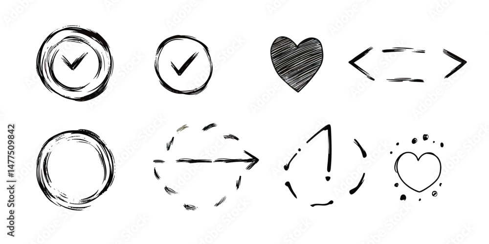 Poster hand drawn sketch style arrow shapes, circular frames, check marks, and heart icons set with pencil 