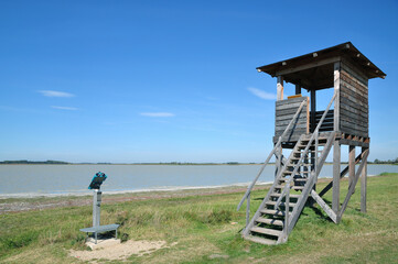 lookout tower for bird watching at Lange Lacke Salt Lake,Neusiedler See-Seewinkel National Park,Lake Neusiedl,Burgenland,Austria