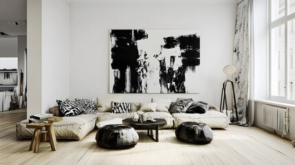 12. A living room with an open layout, light wood flooring, and a statement black-and-white art piece on the wall