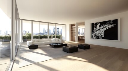 Fototapeta premium 12. A living room with an open layout, light wood flooring, and a statement black-and-white art piece on the wall