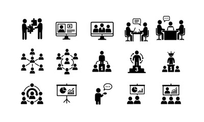 Business Management Icons Set : video conference, team discussion, leadership, networking, meetings, presentations, training.