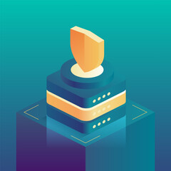 A shield atop server stacks symbolizes digital security and protection, representing cybersecurity for sensitive data. Secure solutions and futuristic digital protection in the cybersecurity field.