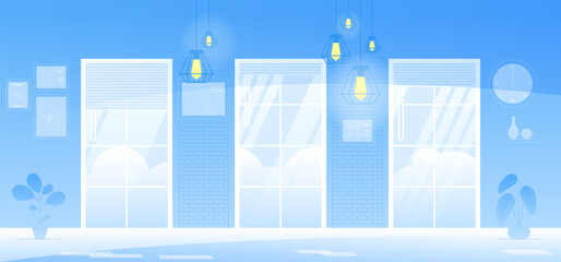 Office interior. Empty no people open space cabinet room with furniture. Office workstation furniture interior concept. Modern coworking area. Vector flat horizontal cartoon illustration