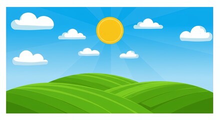 Fototapeta premium Cartoon illustration of green hills and sunny sky