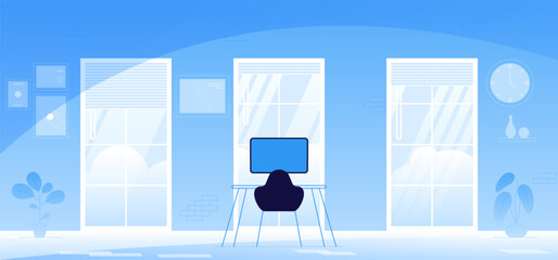 Office interior. Empty no people open space cabinet room with furniture. Office workstation furniture interior concept. Modern coworking area. Vector flat horizontal cartoon illustration