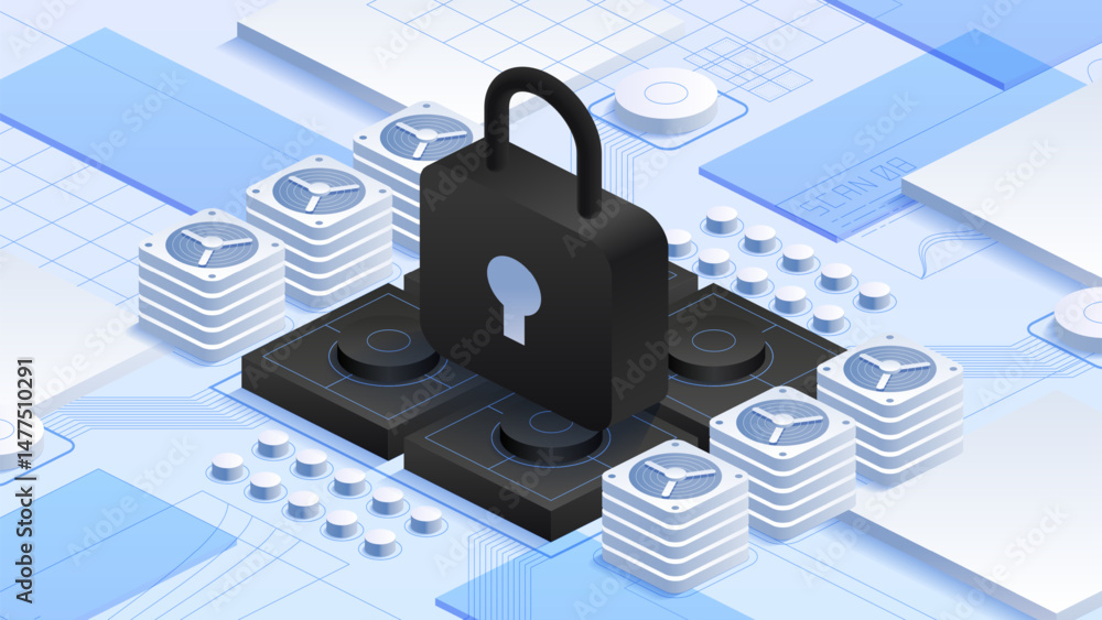 Poster cloud data protection with antivirus encryption. padlock security. stacks of servers and computer co