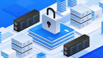 Online data security with servers and padlock icon. Cybersecurity, protecting digital data, ensuring privacy and security. Perfect for IT infrastructure and data safety. Isometric vector illustration