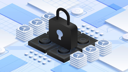Cloud data protection with antivirus encryption. Padlock security. Stacks of servers and computer components. Technological elements. High-tech, secure environment. Isometric vector illustration