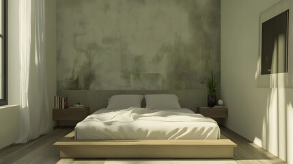 2. A modern bedroom featuring a low-profile bed, white linens, and a textured accent wall in neutral tones