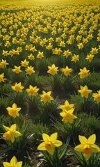 Obraz premium Sunlit daffodils burst forth in a vibrant yellow, creating a sea of color against a lush green field , bloom, spring