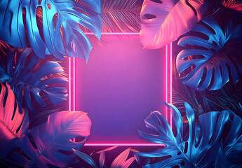 High-resolution illustration of a neon pink and blue frame with tropical leaves. Minimalist 3D game art style with no gradient shading or shapes. Ideal for flyers or posters. Generative Ai.