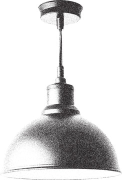 Black and white xerox effect vector illustration of a hanging industrial dome pendant light fixture isolated on white background ideal for lighting design interior design and home decor projects