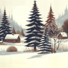 겨울,풍경,풍경화,유화,눈,전나무,오두막,그림