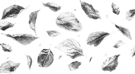 Black and white xerox effect of falling leaves vector background distressed stipple textured foliage autumnal theme monochrome leaf pattern vintage speckled halftone design element for banners