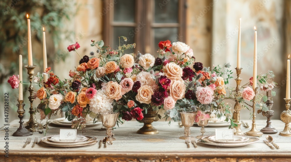 Poster A beautifully arranged display of assorted roses and florals enhances a dining table set for an event. Vintage tableware and flickering candles add to the enchanting atmosphere.