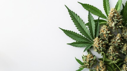 Fresh cannabis buds and vibrant green leaves creatively arranged on a clean white background display potency.